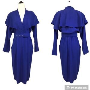 VINTAGE 80s‎ Royal Blue Golden Girls Dress Big Cape Collar Long Sleeves Size 6